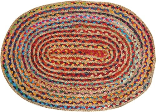 RAJRANG BRINGING RAJASTHAN TO YOU Chindi Jute Oval Teppich - 61x92 cm Baumwolle Flickenteppich Handgewebt Geflochtene Boho Dekorative Indische Wohnzimmer Schlafzimmer Teppiche - Mehrfarbig