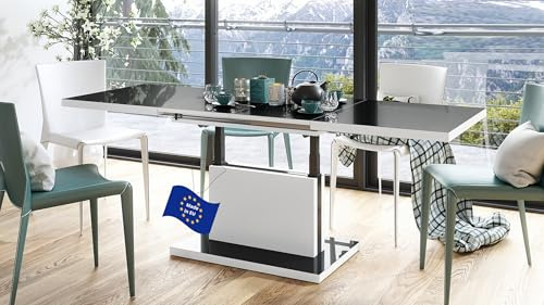 Mazzoni Aston Couchtisch ausziehbar höhenverstellbar 120/200cm in Schwarz Hochglanz/Weiß matt modern vielseitig Wohnzimmertisch Esstisch Beistelltisch Sofatisch platzsparend hochwertig Wohnzimmer