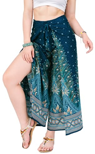 YOUR COZY Pantalón Palazzo de Piernas Anchas para Mujer para Yoga, Salón, Hippie, Pantalones Harem Pantalones Fluidos, Talla Ajustable de 68,5 a 89,9 cm., Green Peacock, M
