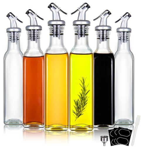 YEBODA 8oz Clear Glass Olive Oil Dispenser Bottles, and Vinegar Cruet Bottle Includes Pourers, Funnel Labels, Cooking Container for Kitchen 6 Pack