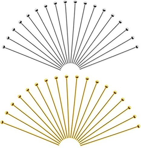 TOAOB 200 Pezzi Chiodini Testa con Pallina Ottone 35x0.7 mm Spilli Dritti per Creazione di Gioielli Fai da Te Collane Orecchini Bracciale Oro e Argento Tone