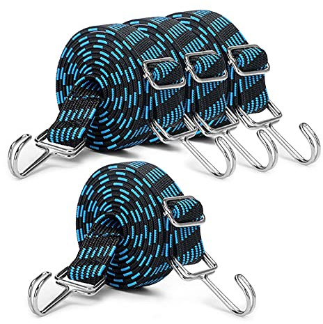 INCETUE 2M Blue Adjustable Bungee Cords with Hooks, 4 Pack | Heavy duty long elasticity rope, flat rubber elastic straps, metal buckle, for luggage & moving cargo
