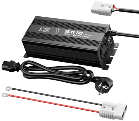 POWER QUEEN Cargador LiFePO4 24V 20A para Baterías de Litio | Diseño Mini con Activación y Carga Rápida para LiFePO4 de 24V,Incluye 6 Protecciones e Indicador LED de Estado de Carga