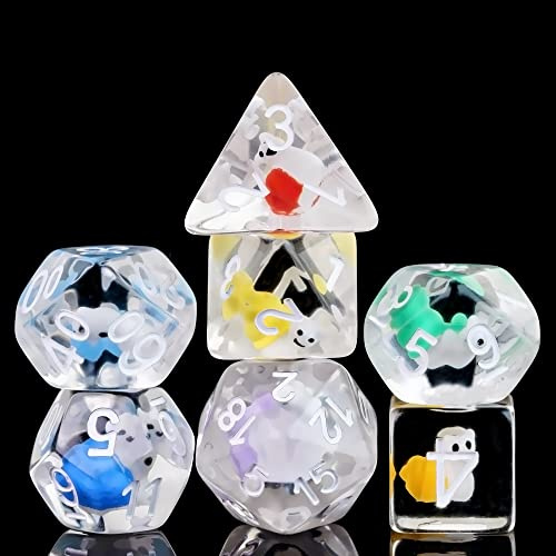 Cusdie Set med 7 tärningar, D&D-tärningar, set med polyedriska tärningar fyllda med djur, för rollspel, spelet Dungeons & Dragons, MTG Pathfinder (färgglad snigel)