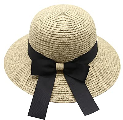 FSSTUD Chapeau Pliable avec nœud pour Femme - Chapeau de Paille à Large Bord Souple pour l'été - Protection UV - Chapeau de Plage - Chapeau Pare-Soleil pour Voyage et Vacances - Beige