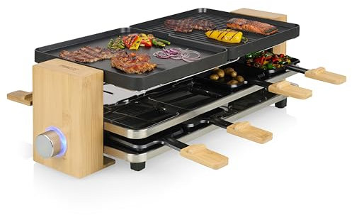 Princess 162918 Raclette Pure 8, para 8 personas, placas de plancha y parrilla reversibles, superficie 2 x 21 x 23 cm, termostato ajustable, carcasa de bambú natural, 8 sartenes, 1300 W