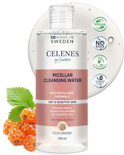 Celenes by Sweden Eau Micellaire Plaquebière, Vegan Nettoyant Visage, 250ml - Demaquillage Visage pour Peaux Sèches&Sensibles - Eau Micellaire Demaquillante Sans Alcool/Parfum/Paraben, Hydrate&Apaise