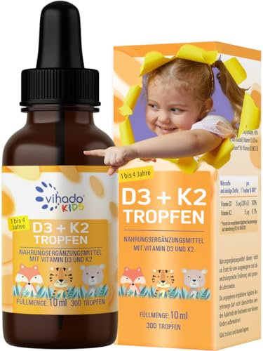Vihado Vitamin D3 + K2 für Kinder von 1-4 Jahre, sicherer Markenrohstoff, vegan, 300 Tage, 5μg 200 IE Vitamin D aus Flechten + Vitamin K, Vitamin D Kinder Vitamine, 10 ml (300 Tropfen)