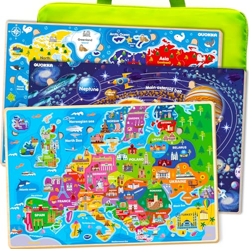 QUOKKA Holzpuzzle ab 3 4 5 Jahre - 3 Set Kinderpuzzle Weltraum Landkarten Europa und Weltkarte - Kinderspielzeug ab 5 6 Jahre - Geschenk für Jungen und Mädchen ab 6 7 8