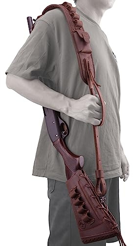 Copertura in pelle per fucile con fionda per pistola da fiammiferi, supporto in tela per fucile da caccia con cinturino da caccia (calibro 12, mano destra - marrone)