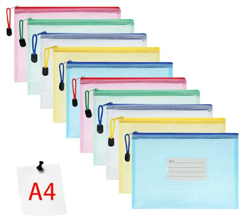 Vicloon Bolsa de Archivo de Multicolor Cremallera, 10 Pcs A4 Bolsa de Documentos con Etiqueta Multicolor de Malla Bolsa de Archivo Bolsas de Cremallera de Almacenamiento de Oficina Accesorios