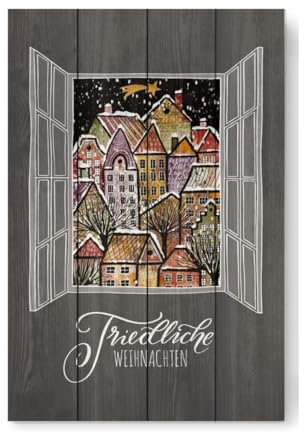 artboxONE Holzbild 60x40 cm Weihnachten Fenster „Winterstadt“ von Künstler MissSusi