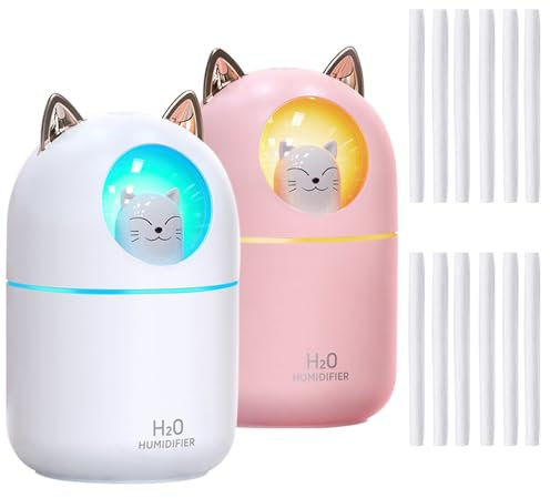2 humidificadores pequeños, 2 bonitos humidificadores portátiles de niebla fría con 12 2 varillas humidificadoras de 7 colores, luz nocturna, humidificador de aire USB para dormitorio, oficina,