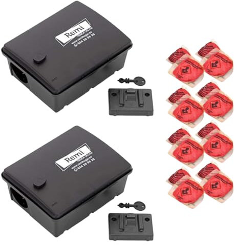 Remi Hogar Portacebos con Raticida Pack de 2 Cajas para Poner Veneno de Rata y Ratón | Incluye Caja raticida | Llave de Apertura, Varilla de Metal y Soporte para Fijar en Paredes o Postes