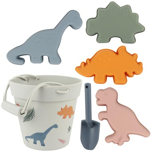 Mineup 6 Pezzi Morbido Silicone Giochi Spiaggia Bambini, Giocattoli da Spiaggia Set con Secchiello per la Sabbia, Pala, Stampo de Dinosaure, Giocattolo della Spiaggia per Bambini Ragazzi Ragazze