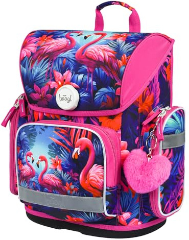 Baagl Schulranzen Mädchen Ergo Schultasche Grundschule - Flamingos | Dieser leichte Kinder Ranzen Tornister Schulrucksack mit Brustgurt ist bestens geeignet für Mädchen für die 1. Klasse.