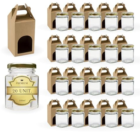 Espirito Rebelde 20 kleine sechseckige Honiggläser mit Deckel 100 ml + Dose für 1 Glas | ideal für die Aufbewahrung von Honig, Marmelade, Gewürzen, Joghurt