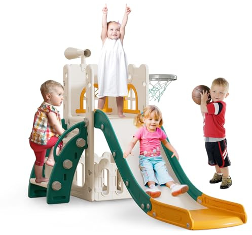 Toddler Slide for Kids with Climber Basketball Hoop, Storage Space, Telescope Kids Indoor Slide Baby Slide for Outdoor Play Upgraded Toddler Indoor Playground with Wider and Longer Slideway Upgraded