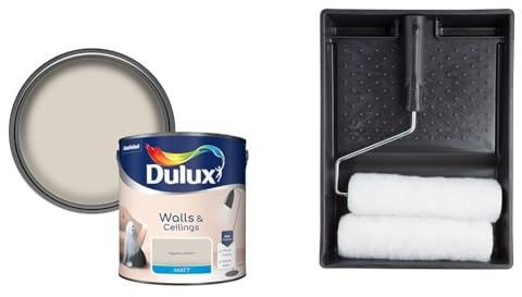 Dulux 500006 Matt Emulsion Paint For Walls And Ceilings - Egyptian Cotton 2.5L & Harris 101092005 Essentials Walls & Ceilings Twin Set | 1 x Tray, 1 x Frame, 2 x Roller Sleeves | 9