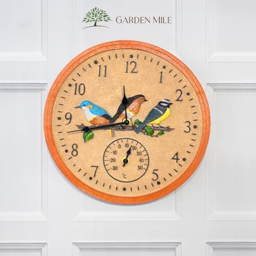 Marco Paul Large Vintage Retro Chic Style Home or Garden Clocks for Indoor Outdoor Wall Clock Decorative Fence Thermometer Barometer Weatherproof Timing (Bird Wall Clock and Thermometer)
