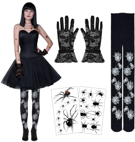 Epokus 3 Stück Halloween Spinnenkostüm Damen, Spinnenweben strumpfhose, spinnennetz strü Zubehör Set, Gotische Spitzenhandschuhe, Spinnen Gesichtstattoos, halloween Karneval Kostüm