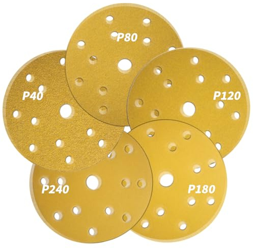 SenmaiTools 50 Stück Schleifpapier 150 mm Klett 15 Loch 40 80 120 180 240 Körnung,6 Zoll Schleifpads, Schleifscheiben Set für Exzenterschleifer- für Holz Metall und Farbe