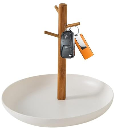 Lainiaoly Plateau À Clés en Bois pour Table D'entrée, Arbre À Clés, Plateau À Clés en Bois pour Table D'entrée, Porte-clés en Bambou avec Organisateur Suspendu À 3 Supports, Organisateur, Rond Blanc