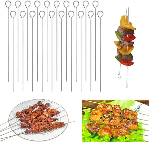 20 Stück Grillspieße aus Edelstahl, 20 cm, lebensmittelechte Schaschlikspieße für Grillen, Ofen, Luftfritteuse und BBQ, wiederverwendbar und langlebig