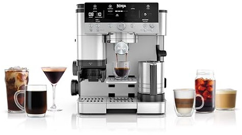 Ninja Luxe Premiere Macchina Caffè 3 in 1, Macchina Latte, Cappuccino, Caffè Freddo, Espresso con Macinacaffè Integrato, Montalatte, Facile da usare, 4 Programmi Automatici Schiuma, Argento, ES601EU
