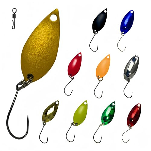 RuiJiaXiang Kit di 40 cucchiai da pesca senza ardiglione, 4 misure, 1,6 g, 2 g, 2,5 g, 3,5 g, 10 colori, 5 pezzi, accessori per esche rotanti, per trota, luccio, pesce persico, acqua dolce e salata