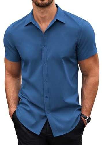 COOFANDY Mens Short Sleeved Shirts Summer Shirts Regular Fit Casual Shirts Non Iron Dress Shirts Button Down Shirt Work Office Dark Blue L