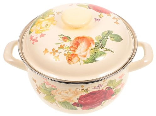 Amosfun Vintage Enamel Stew Pot with Lid Wear-Resistant Stockpot Double Handle Home Cooking Pot for Soup Noodles and Stews