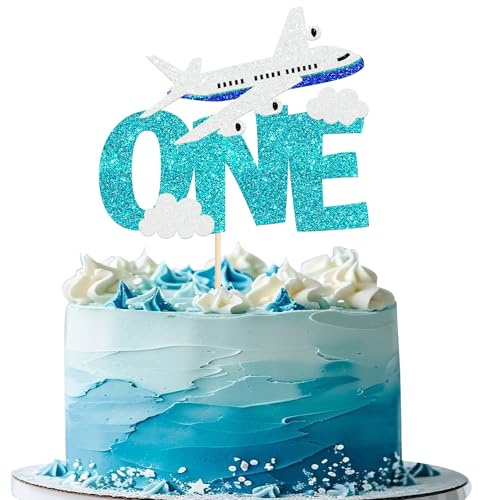1 Stück Flugzeug One Tortendeko Glitzer Flugzeuge Geburtstag Kuchen Deko für Flugzeuge Thema Kinder Erste Geburtstag Party Kuchen Dekoration Blau Weiß
