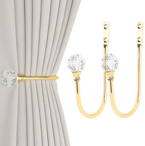 2 Stück robuste U-förmige Metall-Vorhanghalter Vorhang-Raffhalter Haken mit transparenter Kristallkugel-Raffhaltern für Vorhänge (2, Gold)