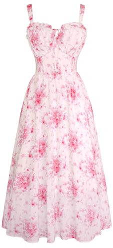 Ladies Summer Dress Women's Casual Elegant Long Pink Floral Dresses Spaghetti Strap Swing Flowy Midi Dresses M