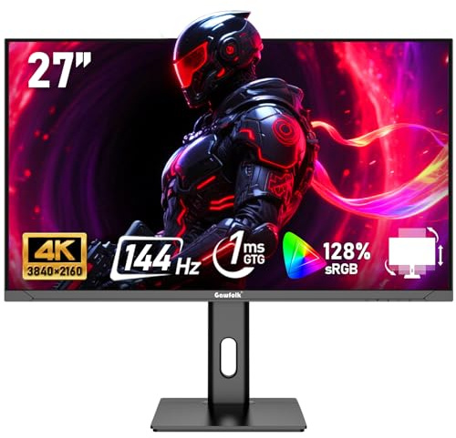 Gawfolk Écran PC 27 Pouces IPS, Moniteur de Jeu 4K UHD 144Hz, 1ms, FreeSync, 128%sRGB, Grand Angle de Vision de 178°, HDMI 2.1, DisplayPort, réglable en Hauteur et pivotant, VESA 75 * 75mm - Noir