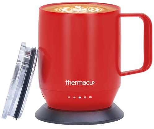 THERMACUP Self-Heating Coffee Mug with 5 Temperature Settings, Industry-Leading 8-Hour Battery, 12oz with Lid (14oz Capacity), Cherry Red