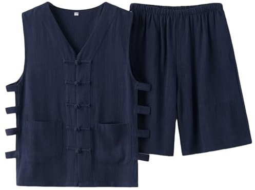 Bauzuoyo Costume d'été court en lin pour homme 2 pièces traditionnel chinois fait à la main Style art martial Kung Fu Tai Chi Qi Gong Wushu Taekwondo Vêtements Gilet et short, Marine, M