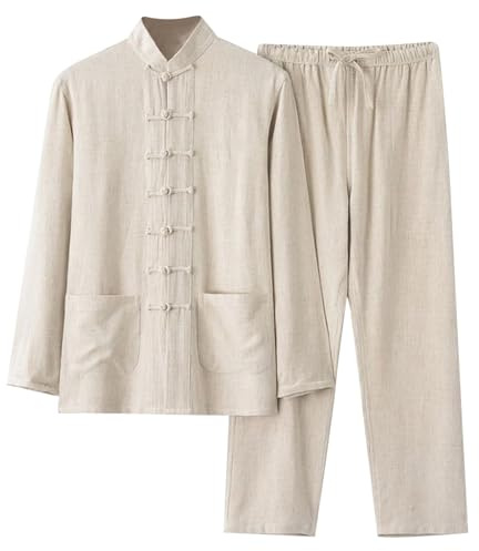 Vhersily Abito da uomo Stile Cinese - Arti Marziali Tradizionali Kung Fu Tai Chi Wushu Classico Tangzhuang Camicia Manica Lunga Pantaloni Allenamento Uniformi, Tuta in lino da uomo Kungfu Tang Suit
