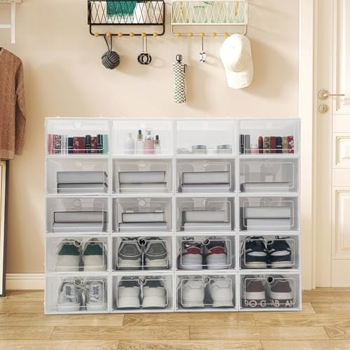 Fermoirper Shoe Boxes,Pack of 20 Stackable Shoe Storage Organisers with Lids for Women/Men 33 x 23 x 14 cm (Transparent + White)
