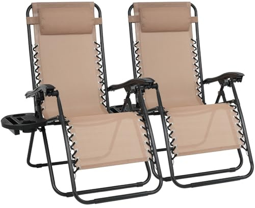 EIGFOH T Set de 2 Tumbonas Reclinables con Portavasos, Silla de Playa Ajustable con Reposacabezas para Jardín, Piscina, Terraza - Carga de 150 KG