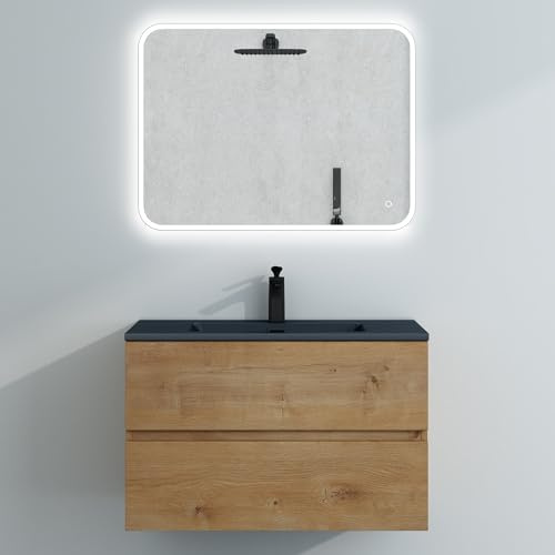 Mai & Mai Waschtisch mit Unterschrank Waschbecken Waschbeckenunterschrank | Badmöbel-Set 80x48x50cm Kerneiche, mit Waschbecken in Anthrazit, 2-Schubladen Soft-Close inkl. LED-Spiegel Aqualis