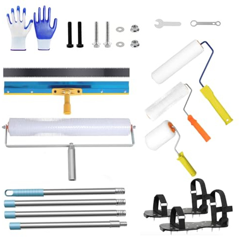9PCS Self-Levelling Cement Tool Kit, Spiked Roller Self Levelling Set with 3 Rollers (50/23/10cm), Stainless Steel Scraper Rake, 1.6m Extension Pole & Spike Shoes for Epoxy Floor Screed