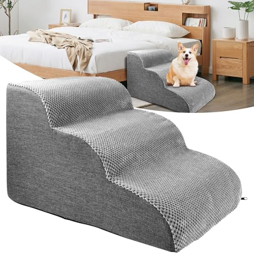 Harupink Hundetreppe für Kleine Hunde,2 Stufen und3 Stufen Stufendesigns,Hundetreppe aus Hochdichtem Schwamm mit Waschbarem Bezug und Rutschfestem Boden,Katzentreppe Hunderampe für Bett,Sofa(3 Stufen)