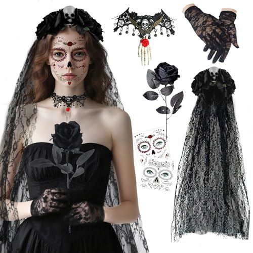 RosyFate Schleier Halloween, Dia De Los Muertos Haarreif Schleier, Tag der Toten Haarreif, Spitzenhandschuhe Schwarz, Halloween Gesicht Tattoos, Schwarze Rosen, Halskette