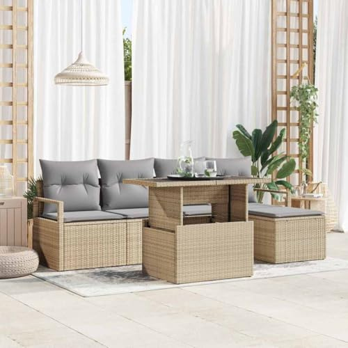 Qnhdfrt Garten-Sofa-Set aus Poly-Rattan in Beige, 5-teiliges Outdoor-Sofa mit Kissen, wetterfestes Lounge-Set für Terrasse und Garten, modernes Design mit verstellbaren Füßen