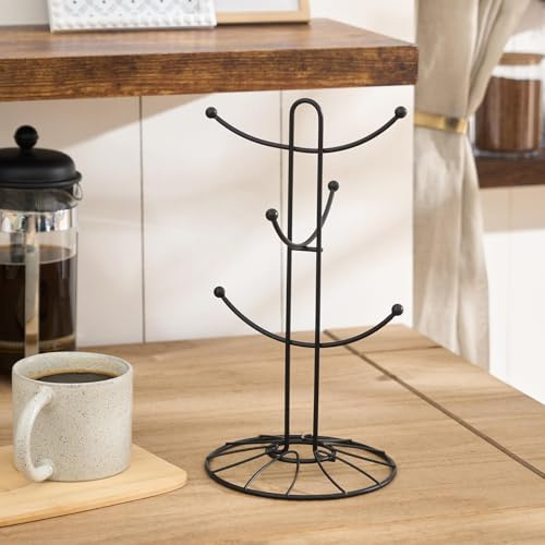 OHS Mug Tree 6 Mugs, Black Metal Wire Mug Holder for Kitchen Countertop Non Slip Base Easy to Hang and Place Cup Holders Coffee Mug Rack Organizer with 6 Hooks