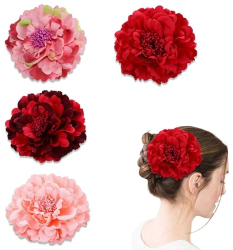 4 pièces Barrettes Fleurs Pivoine Rouge, Accessoires Cheveux Mariage et fête, Pinces décoratives 11 cm élégantes pour coiffures et Tenues variées