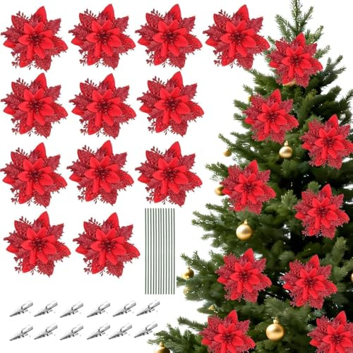 Hoceium 12Stücke 13CM Weihnachten Künstliche Blumen Poinsettia Glitzer | Weihnachtsblumen mit Clips Stämme Weihnachtsbaum Ornamente für DIY Kränze Girlande Haus Party Urlaub Dekoration - Rot