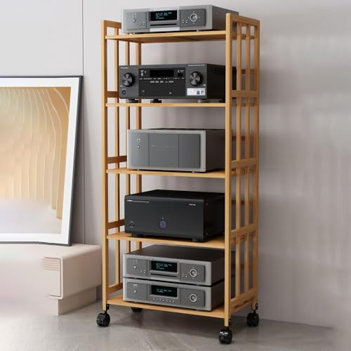 Media StandAdjustable Audio Rack Tower Corner TV & CD Storage Cabinet Stereo Shelving Unit for Gaming Consoles Stylish Wood Design (32 W x 62 H)